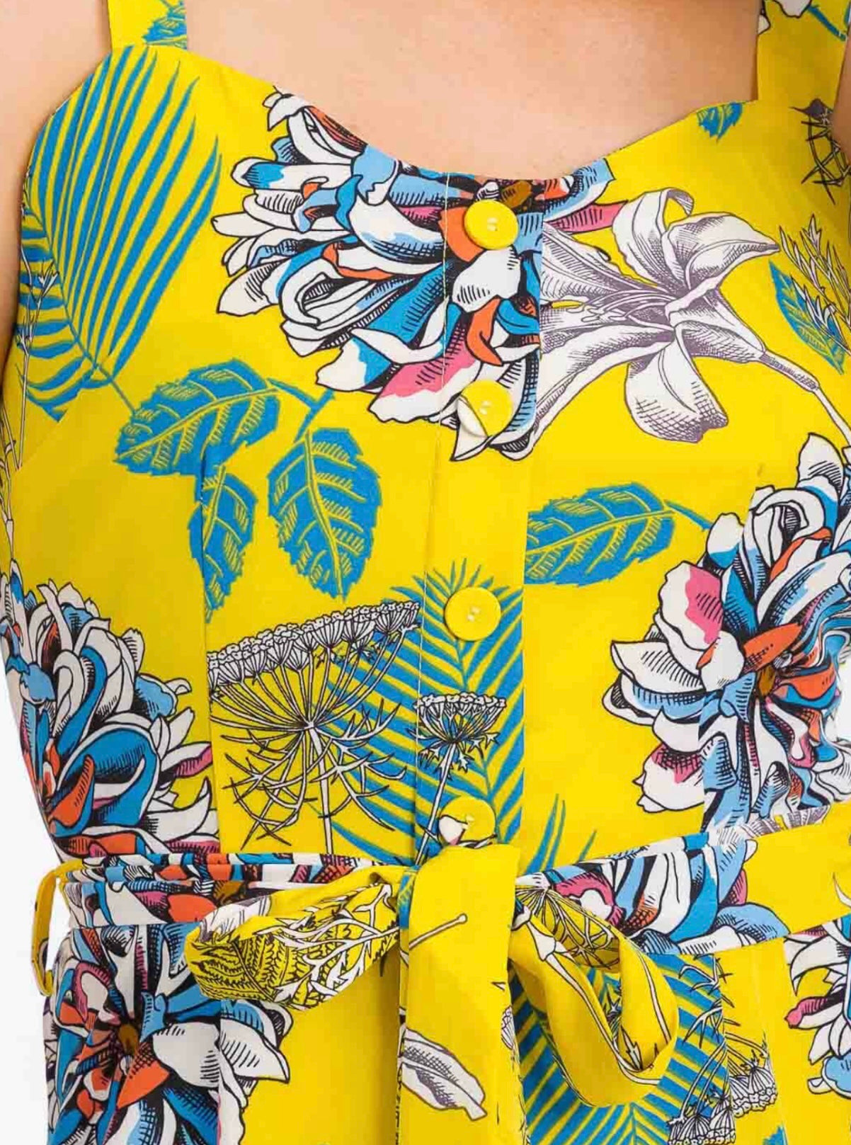 WOMEN'S SLEEVELESS BUTTON UP SMOCK SELF TIE FLORAL MAXI DRESS