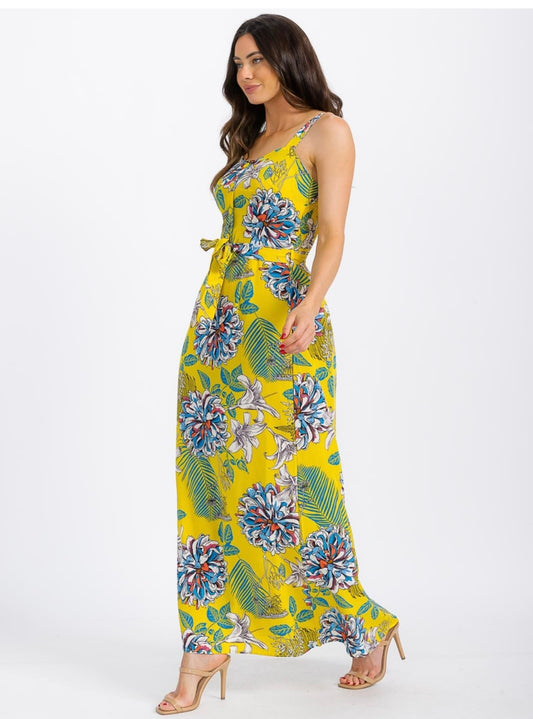 WOMEN'S SLEEVELESS BUTTON UP SMOCK SELF TIE FLORAL MAXI DRESS