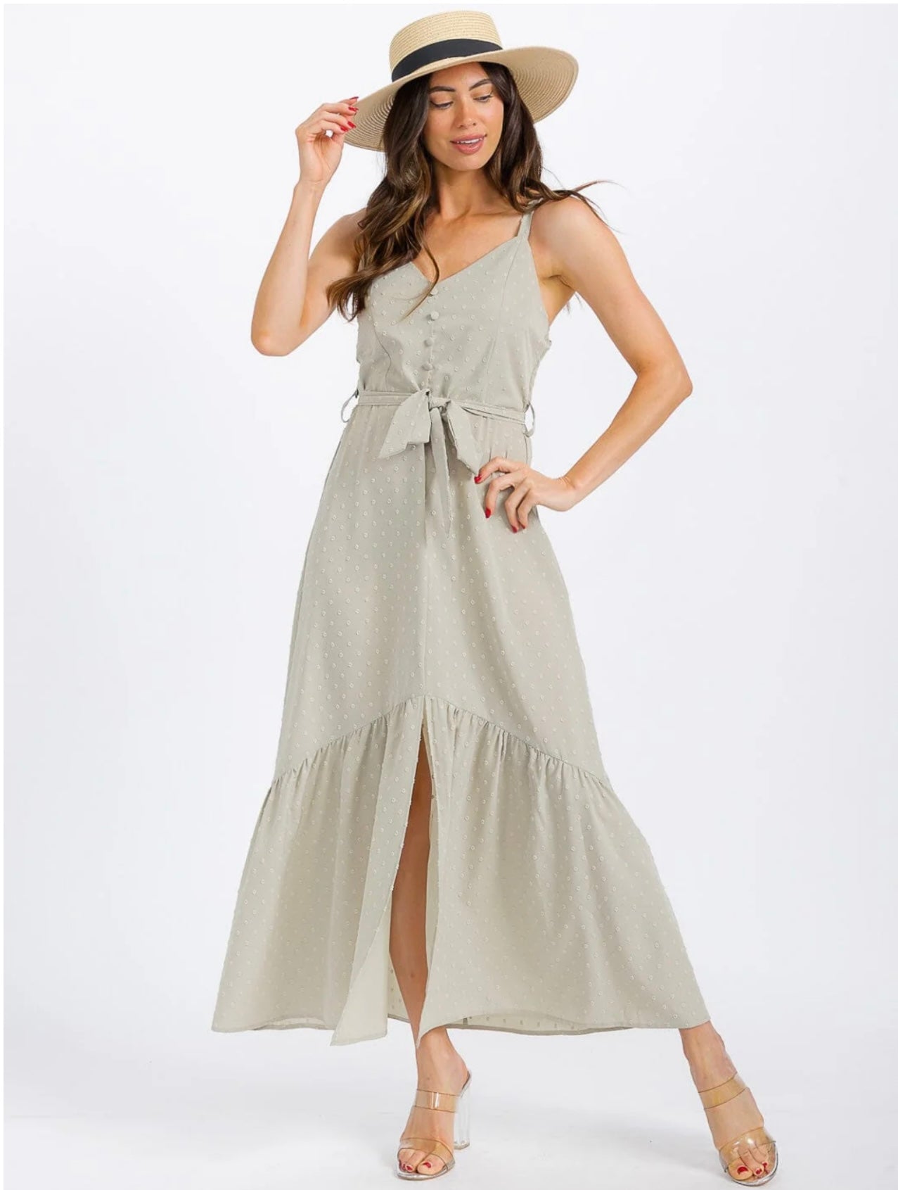 WOMEN'S SLEEVELESS V-NECK SELF TIE SWISS DOTS MAXI DRESS