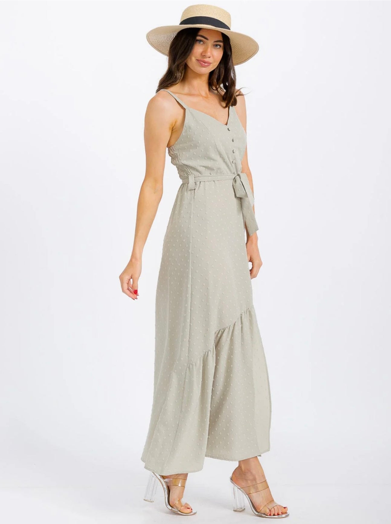 WOMEN'S SLEEVELESS V-NECK SELF TIE SWISS DOTS MAXI DRESS