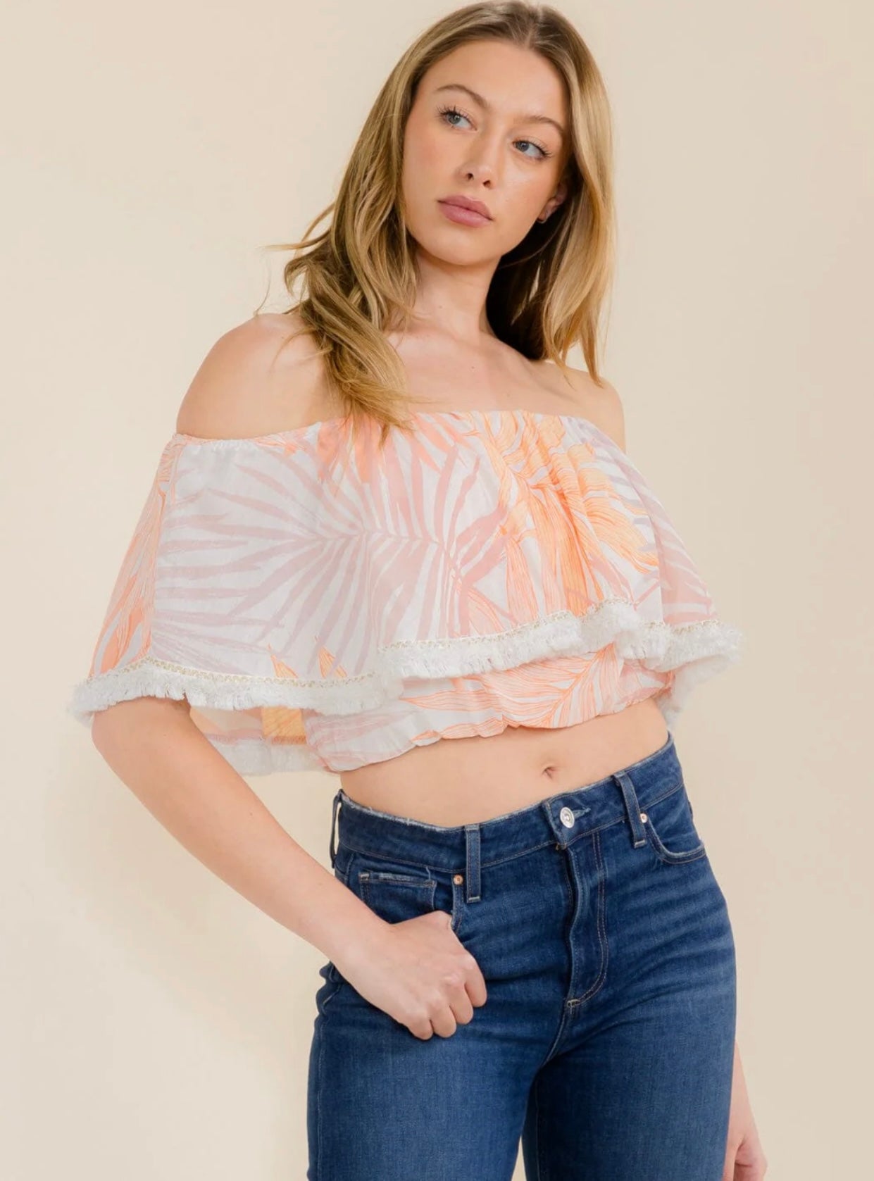 WOMEN'S OFF SHOULDER PRINTED CROP TOP