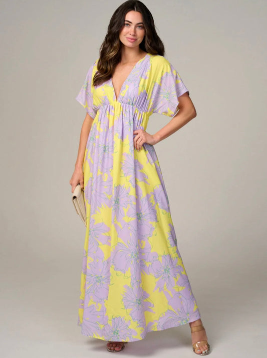 WOMEN'S SHORT SLEEVE V-NECK OPEN BACK FLORAL MAXI DRESS
