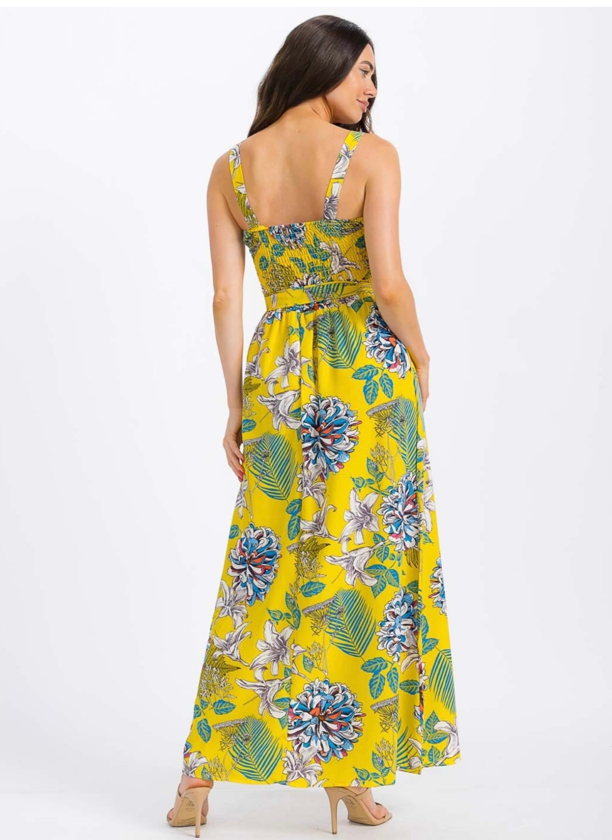 WOMEN'S SLEEVELESS BUTTON UP SMOCK SELF TIE FLORAL MAXI DRESS