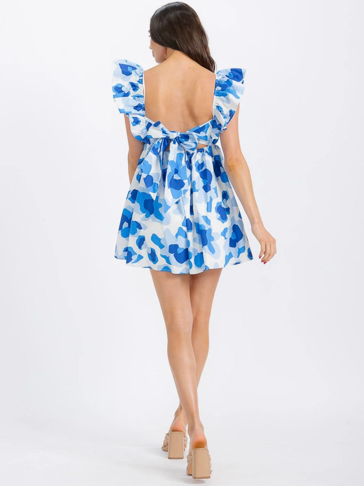 WOMEN'S RUFFLE SLEEVE ELASTIC WAIST OPEN BACK MULTI PRINT ROMPER