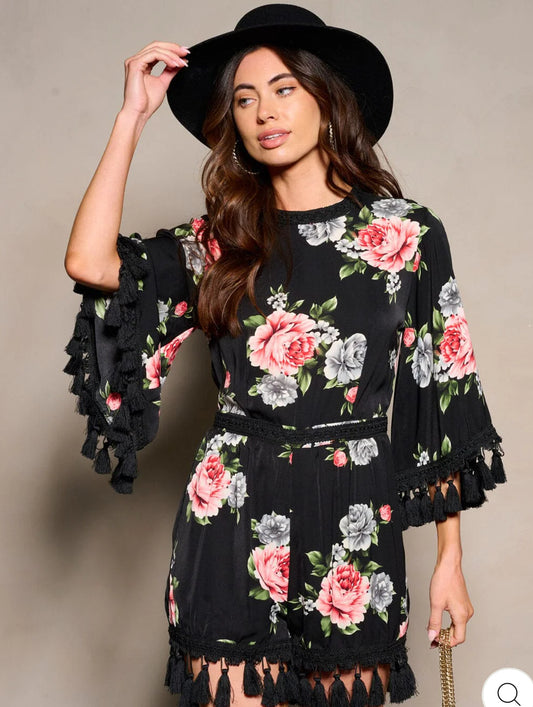 WOMEN'S OPEN BACK TASSEL FLORAL ROMPER