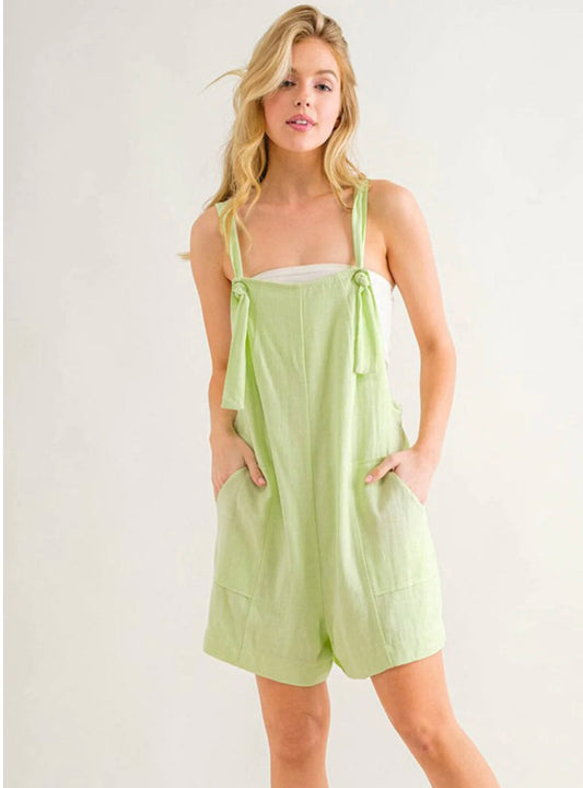 WOMEN'S SLEEVELESS FRONT POCKET LINEN OVERALL ROMPER