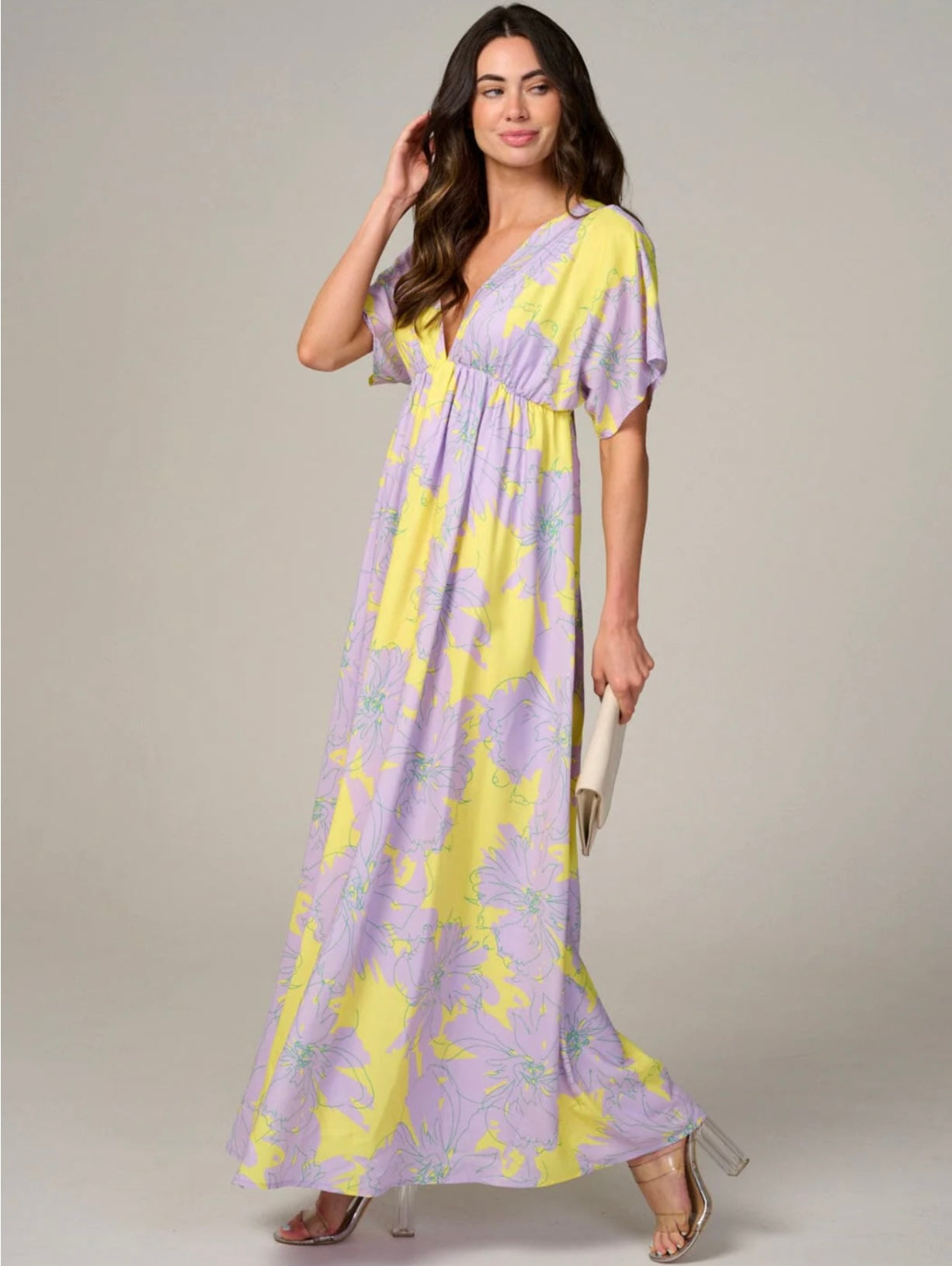 WOMEN'S SHORT SLEEVE V-NECK OPEN BACK FLORAL MAXI DRESS